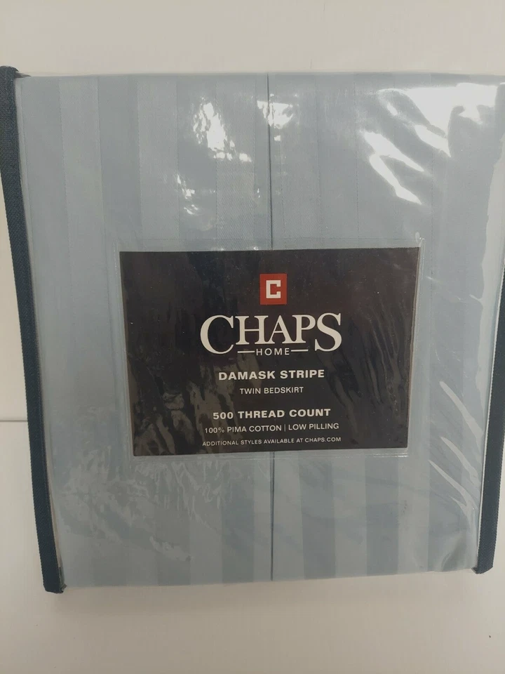 NEW Chaps Home Damask Stripe Full Bed Skirt Blue 100% Pima Cotton 500TC - Image 4 of 4