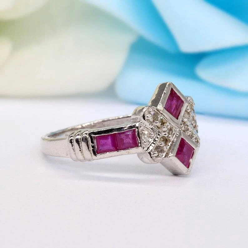 925 Sterling Silver Red Ruby and White Topaz Stackable Band Wedding Ring - Image 3 of 4