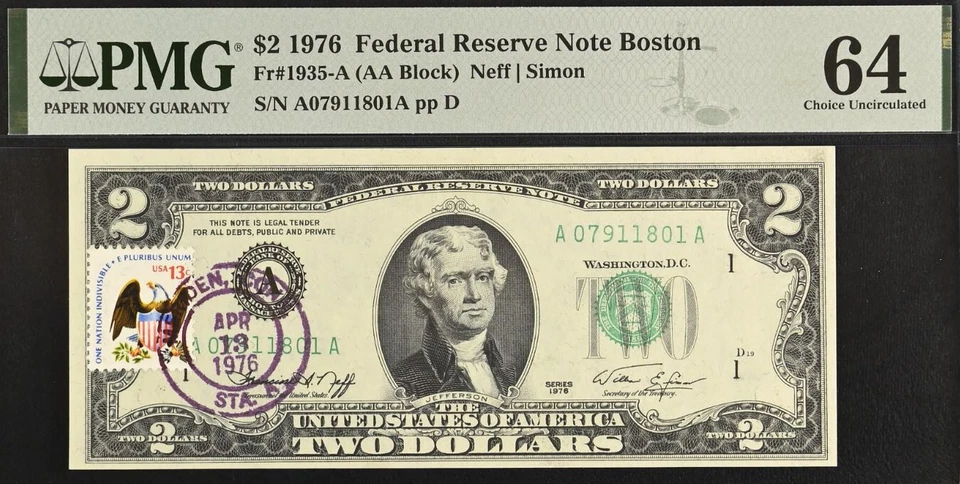1976 $2 Federal Reserve Note PMG 64 - First Day Stamp Cancel - Meriden, CT - Image 2 of 3