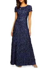 Alex Evenings Navy Blue Sequin Rosette Lace A-Line Gown Dress Size 12 $269