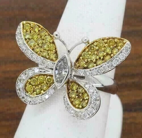 Art Deco Style Lab-Created Diamond Citrine Butterfly Ring 14K White Gold Finish - Foto 4 di 10