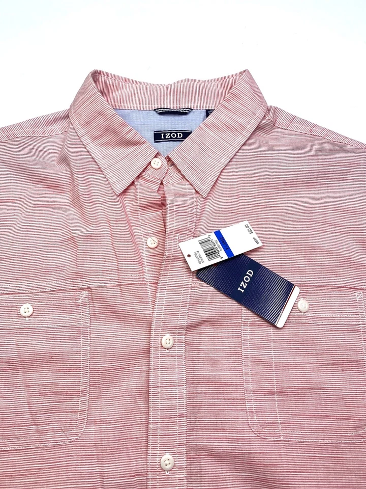 Новый IZOD розовый красный в полоску мужской размер XL коротким рукавом рубашка на пуговицах - Изображение 2 из 4