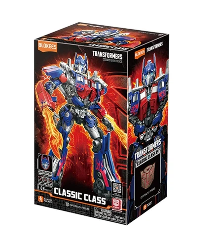 Blokees Transformers Classic Class 09 Optimus Prime box with blue and red robot artwork, black and white Blokees logo.