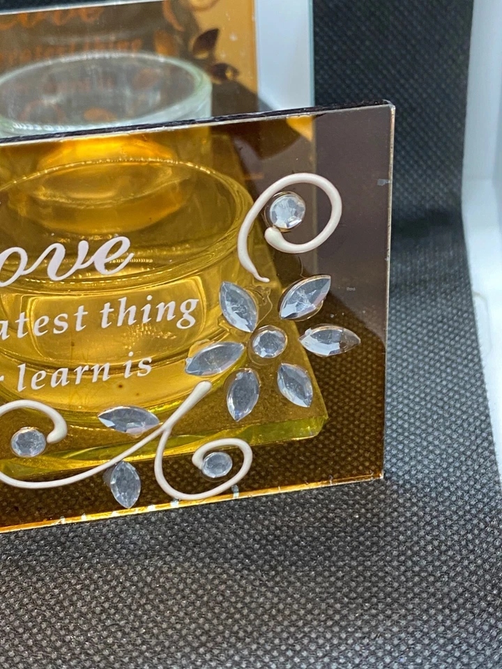 Double Tea light Holder with Mirror Back and GoldGlass Jeweled Love Inscription  Foto 3 de 4