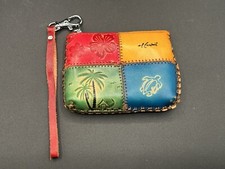 Hawaiian Red Yellow Handmade Leather Coin Purse Zipper Turtle Palm Trees Flower