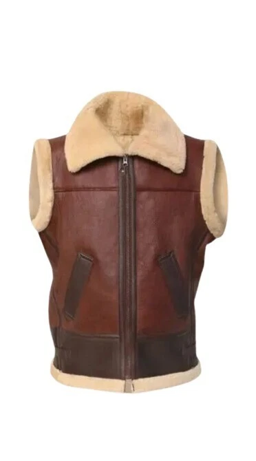 Men's Brown Aviator RAF B3 Shearling Fur Bomber Real Sheepskin Leather Fur Vest