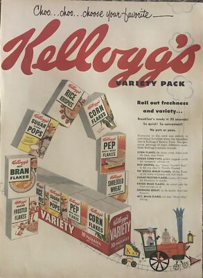 1953 Kelloggs Variety Pack Cereal PRINT AD Train Choo-Choo VTG 1950s Corn Flakes