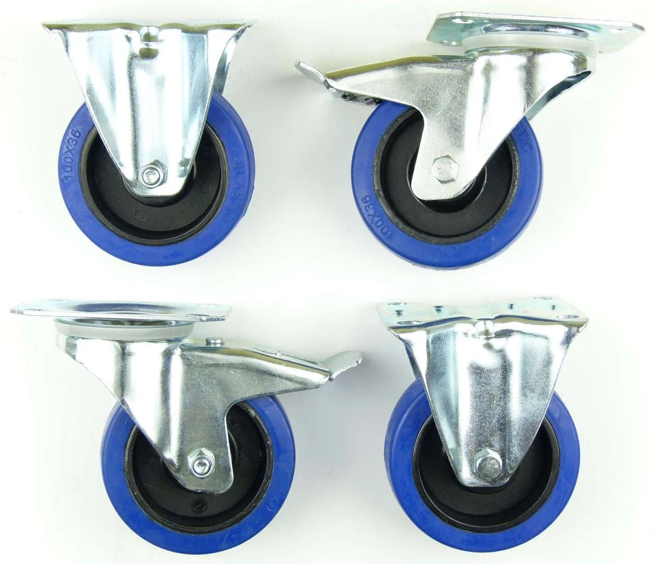 1 Set SL 100 mm Schwerlast Rollen Blue Wheel Bockrollen + Transportrollen Bremse