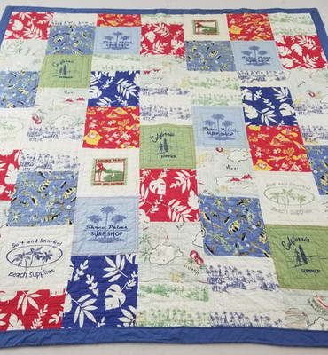 Vintage Handarbeit schöner ''Aloha Surf'' Patchwork bunt Quilt 88x85 cm