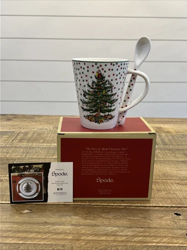 Spode Polka Dot Christmas Tree Mug and Spoon Set 14 Fluid Ounces