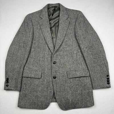 Vintage GANT Sport Coat Mens L Gray Harris Tweed Wool Herringbone Blazer USA
