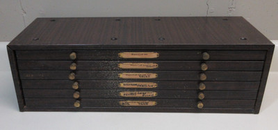 VINTAGE CE MARSHALL WATCHMAKER 6 DRAWER METAL PARTS CRYSTAL STORAGE CABINET #62