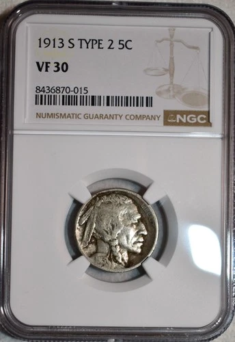 NGC VF-30 1913-S Type 2 Buffalo Nickel, Nearly Full-Horn, Key-Date specimen!