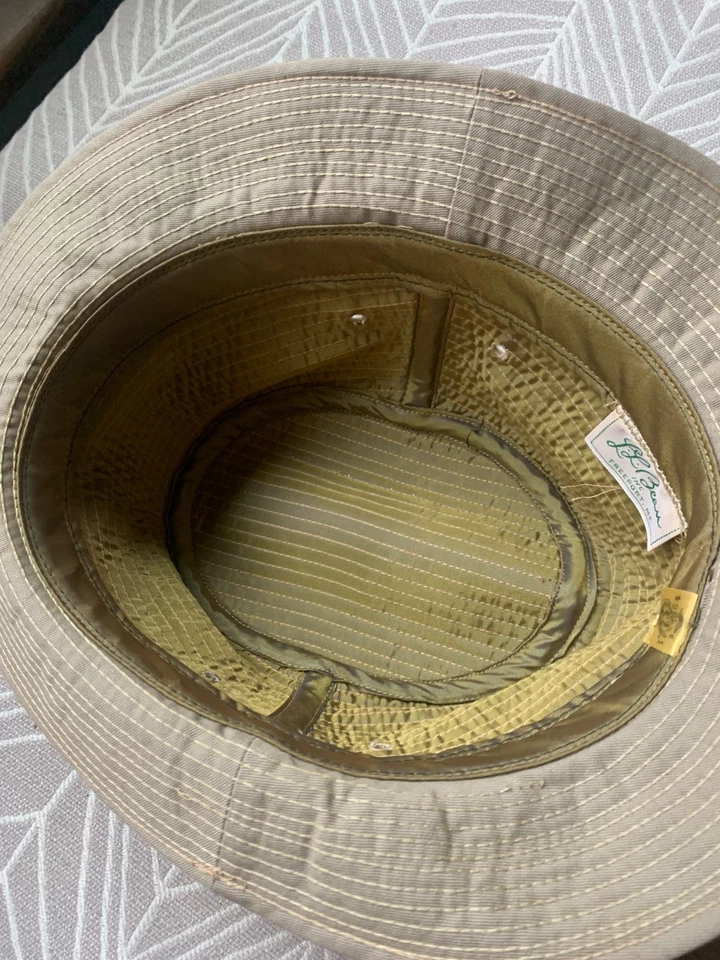 De Colección Años 70 LL Bean Bucket Sombrero 7 3/4 Pesca Exterior Bronceado Etiqueta Escritura Hecho en Unión EE. UU. Foto 4 de 4