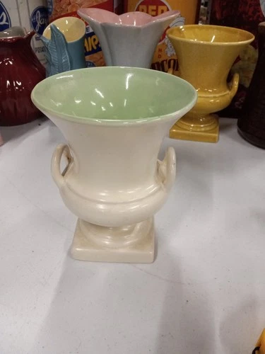 Vintage Red Wing USA # 871 Urn Tropy Vase Ivory Green Pottery Planter 7” T