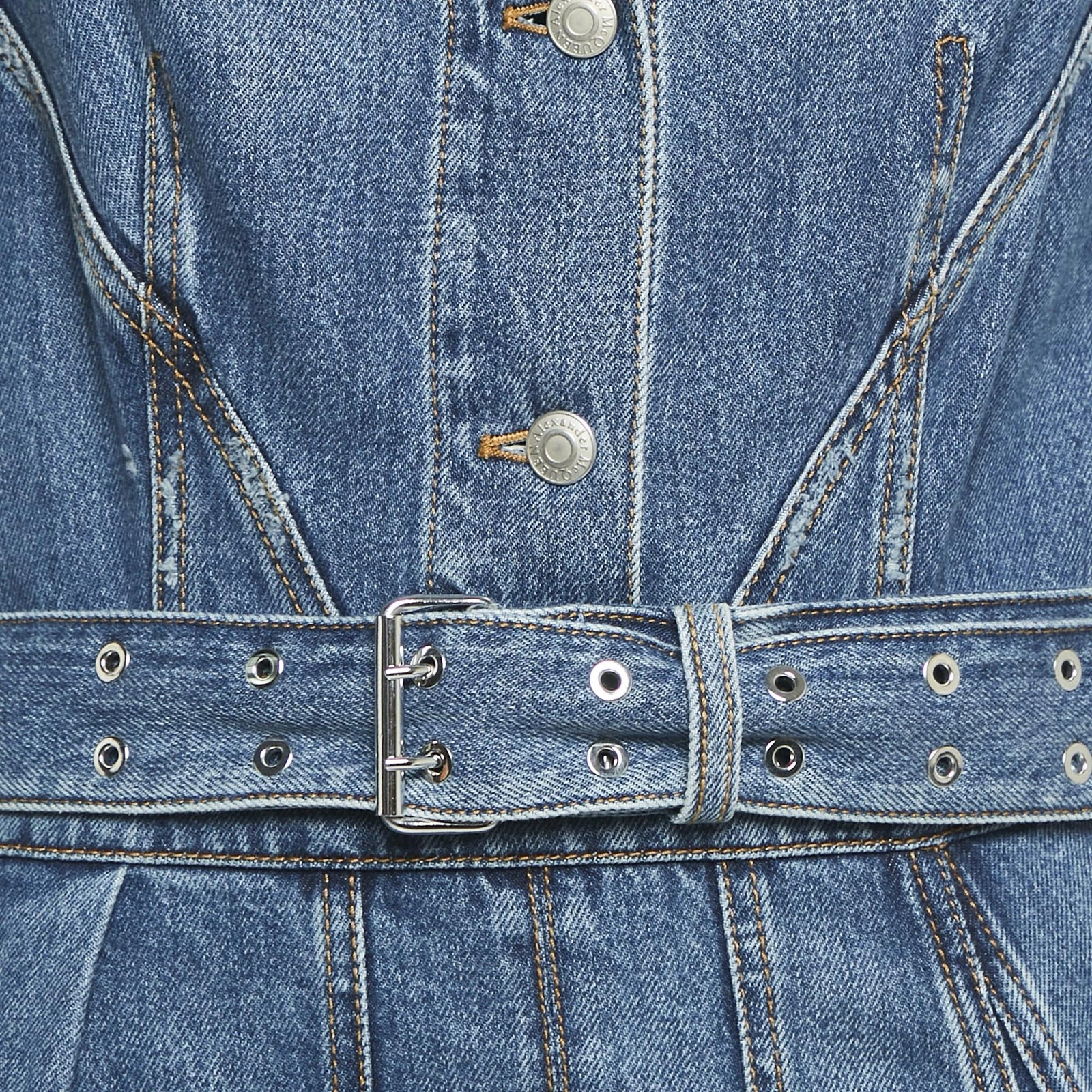 Abito midi svasato Alexander McQueen blu denim manica a sbuffo M