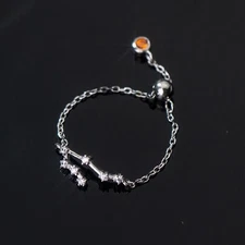 S925 Sterling Silver CZ Pave Zodiac Birthstone Chain Ring Adjustable Size