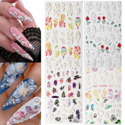 5D Nail Stickers Engraved French White Embossed Leaves Nail Decals DIY Nail Art↷ - Picture 1 of 26