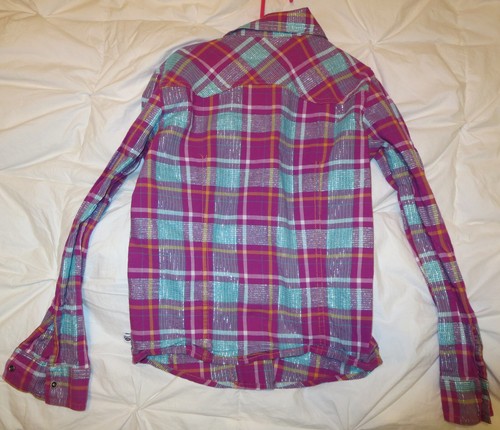 Cruel Girls Long Sleeve Rhinestone Snaps Western Top Shirt Checked Mauve Sz L10 - Picture 5 of 8