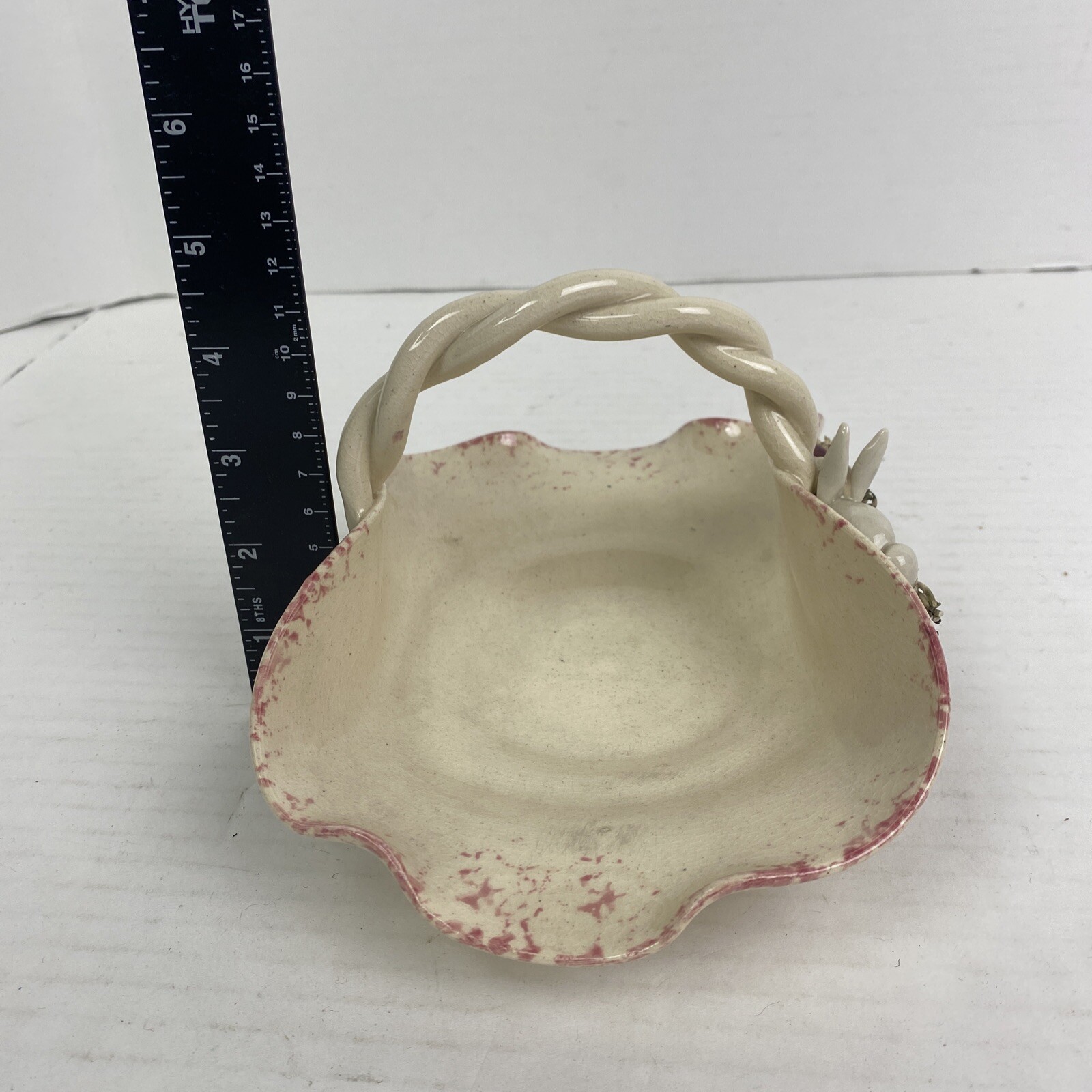 Ceramic Bunny Basket Handmade Painted 1999 Folk Art Home Easter Decor Rustic