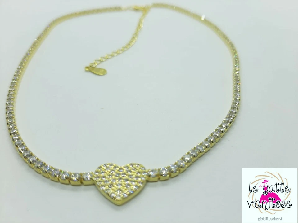 choker collana donna in Argento 925 dorato cuore zirconi bianchi. collana tenni - Immagine 2 di 4