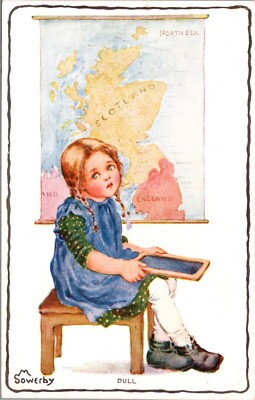 1912 Postcard a/s Sowerby  Dull  Little Girl on Stool Bored in Geography Class