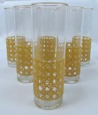 🍹 Vtg. MCM Libbey Woven Cane Highball Collins Glasses ✨ 7", Set of 6 PRISTINE