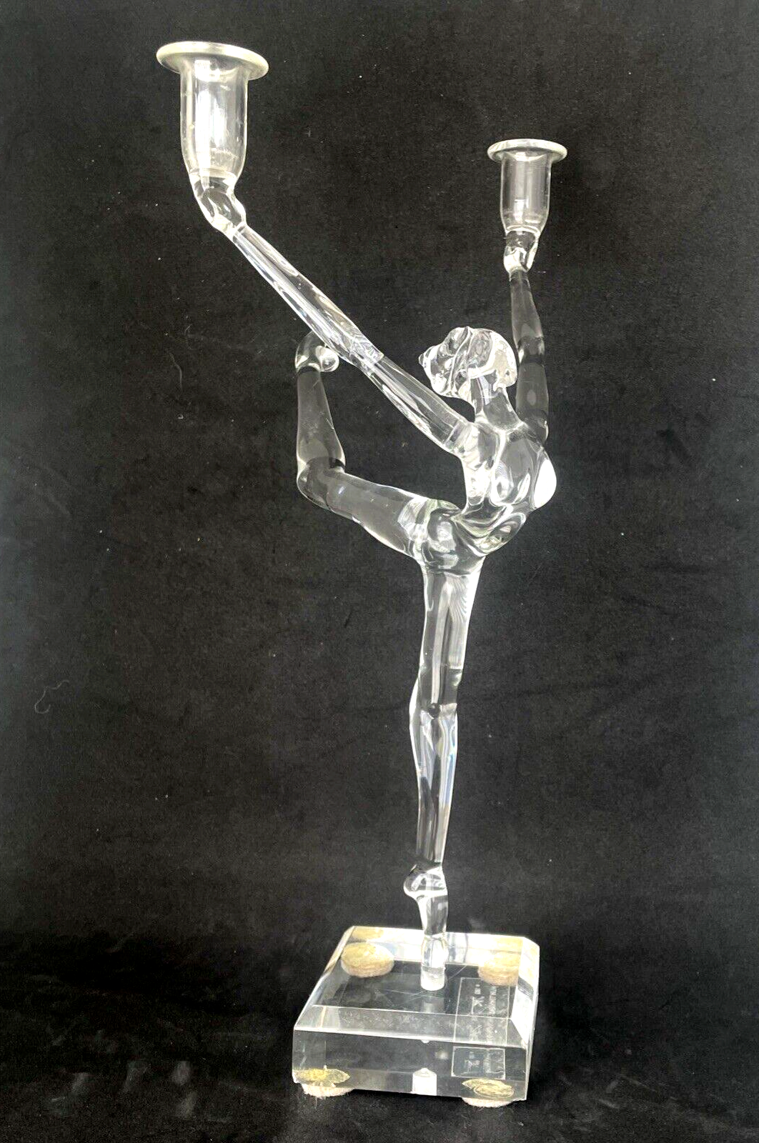 Milon Townsend Glass Ballerina Sculpture Candlabra Signed 1983 on Lucite Base