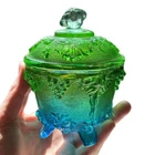 Vintage Clear Blue Green Footed Bowl Dish w Lid (Grape Vine Pattern)