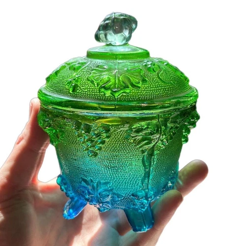 Vintage Clear Blue Green Footed Bowl Dish w Lid (Grape Vine Pattern)