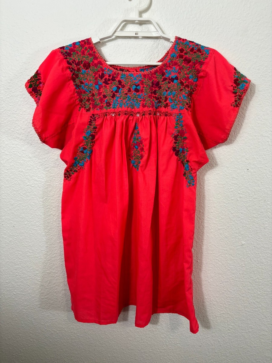 Mexican Oaxacan Blouse Womens Small Deep Pink Orange Short Sleeve