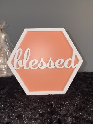 Blessed Plaque Wood Sign White & Apricot Brand New Framed Home Decor NWT Pretty