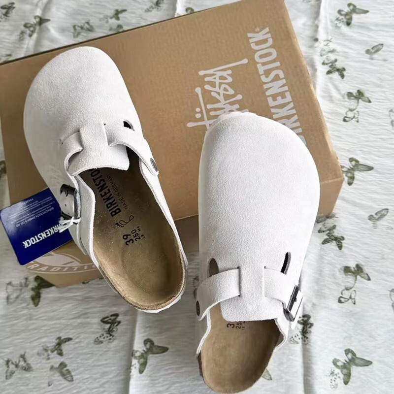 Birkenstock Boston x Stussy Suede Soft Footbed Bone White