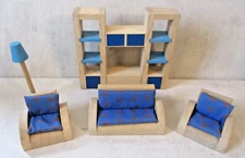 Plan Toys Wooden Dollhouse Sized Blue Living Room Toy Lot