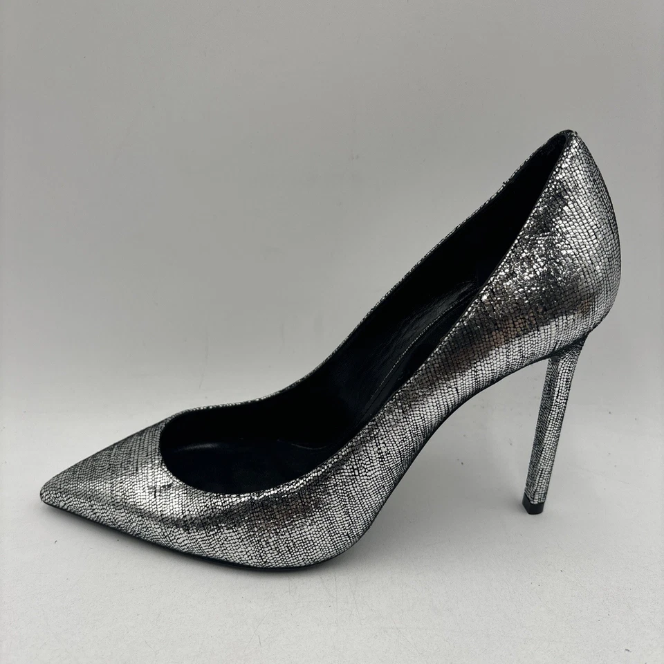 Tacones altos Saint Laurent Zoe metálicos plateados punta para mujer talla 38 Foto 3 de 4