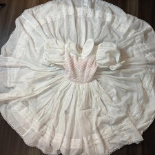 Vintage Handmade Girls Dress Smocked Bodice Lace Puffed Sleeves White Fits 7/8