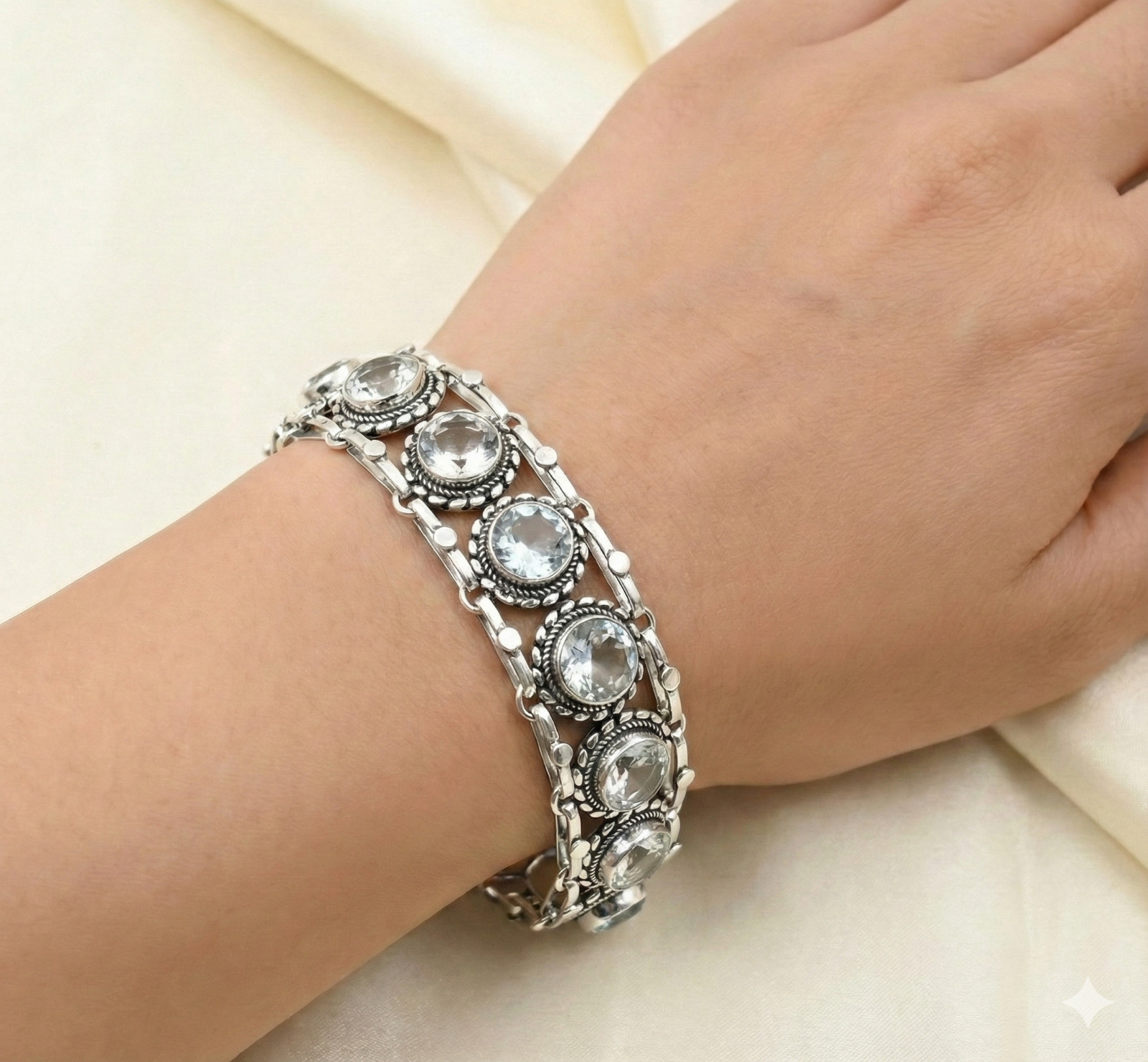 White Topaz Gemstone Handmade 925 Sterling Silver Jewelry Chain Bracelet ADJ