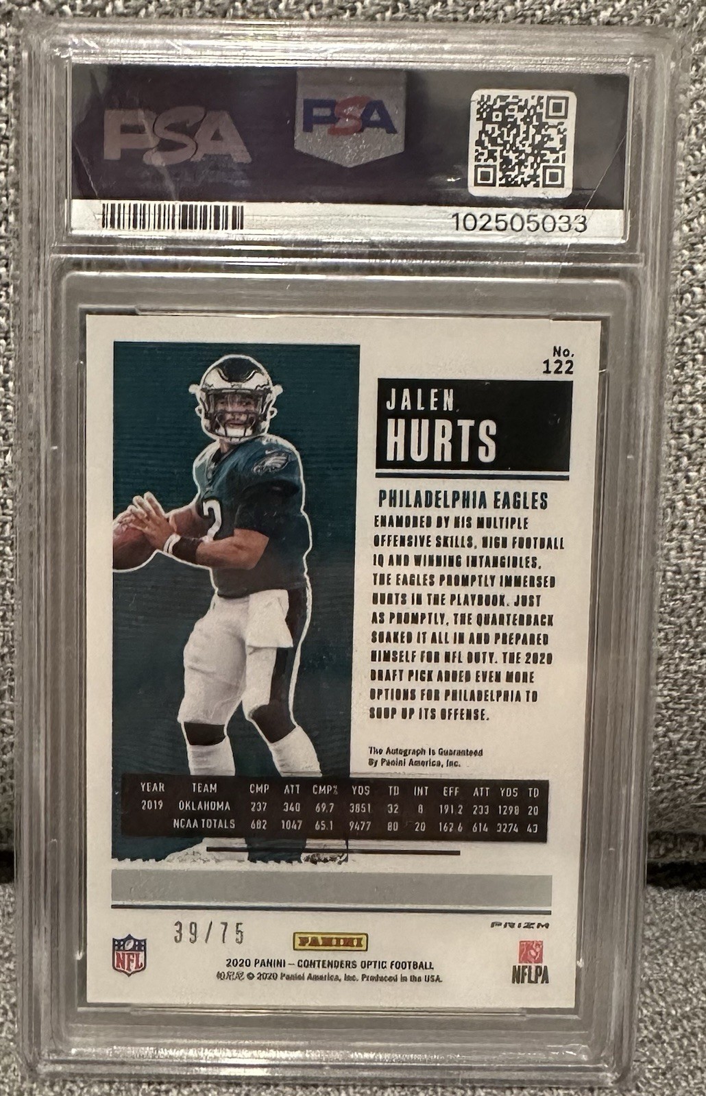 Jalen Hurts - 2020 Contenders Optic - Rookie Ticket Auto - Blue /75 - PSA 10 gem view 2