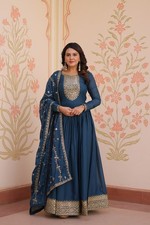 Attractive Look Star Georgette Blue Gown With Dupatta For Women Party Wear