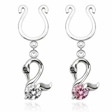 Nipple Rings non pierce pair Clip On Nipple Ring Swan Dangle with Single CZ