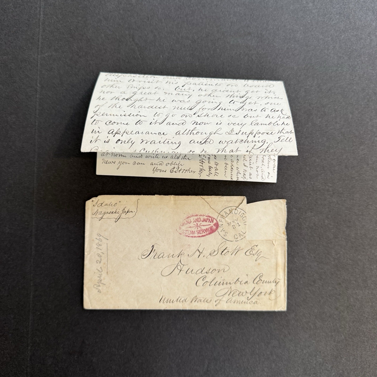 1869 US Navy Letter Nagasaki Japan USS Idaho Commander Edward Hooker Civil
