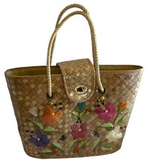 Borsa vintage paglia rafia fiorita a mano borsa intrecciata boho tote bahamas spiaggia bella!