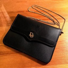 Christian Dior Vintage 2-Way Chain Clutch Bag Black Gold Hardware Made in France