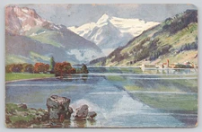 Postcard Alpine Lake Scene Germany Austria Snow Covered Mountain Peak View