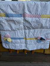Handmade Cotton Crib Quilt, Embroidered Floral, White Pink Blue Yellow