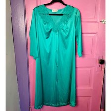 VTG Vanity Fair Teal Blue Nylon Robe Pocket Housecoat Gown Medium Grannycore