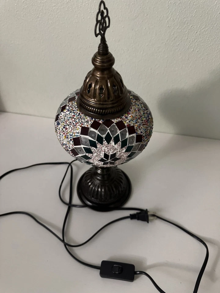 "Lámpara de mesa de mosaico turco 15"" colorido globo de vidrio bronce decoración boho" Foto 4 de 4