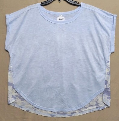 NWT Seven 7 Women's Blouse Tops Size-L Cap Sleeve Round Neck Blue Floral Print
