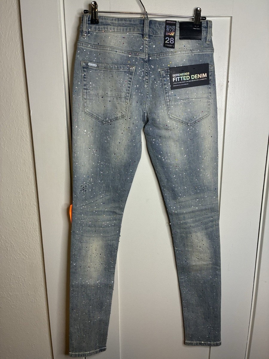 NWT Serenede Franchise Rhinestone Blue Fitted Denim Distressed