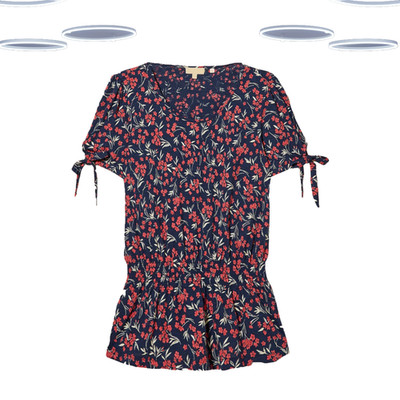 Ex Fat Face Women's Top - Short Sleeve Shirred Bay Floral Navy Multi (Size 6)
